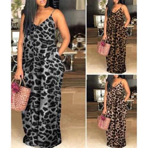Women Loose Leopard Printed Long Slip Dress Sexy V Neck Sleeveless Pocket Floor Length Backless Baggy Vestidos WDC7283