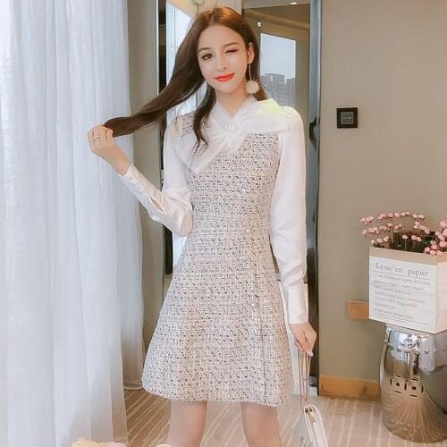 2021 New Women Elegant Long Sleeve Tweed Dress Ladies Autumn Sweet Bow Ladies Single Breasted Woolen Slim Dress Robe Vestidos
