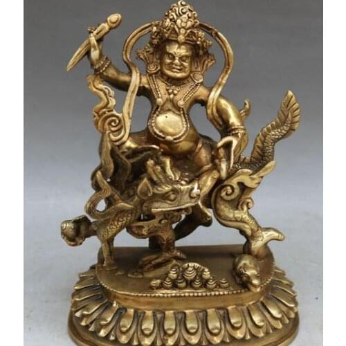 8" China Bronze Dragon Loong Phurba Dagger Mahakala Wrathful Deity Buddha Statue