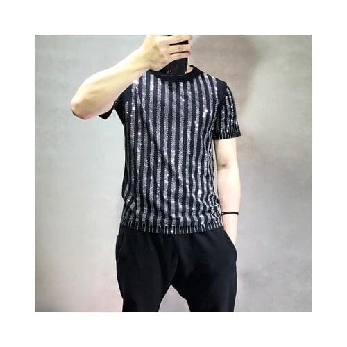 Freeship mens rhinestone stripe short sleeve black fashion T shirt/party/stage/bling style