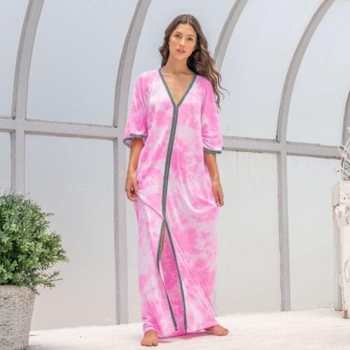 Pale Pink Tie Dye Maxi Dress Women Trend Loose Kaftan Airy Long Tunic Vibrant Ethnic Vibe Fashion V-Neck Smock Dress Resortwear