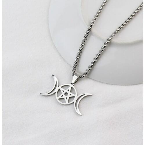 Triple Moon Goddess Pendant For Women Men Wicca Pentagram Magic Supernatural Amulet Necklaces Stainless Steel Jewelry