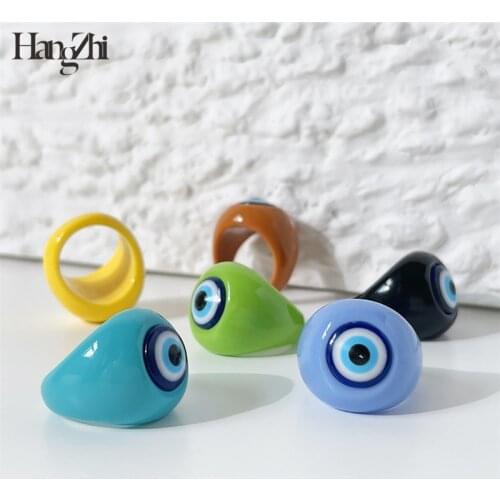 HANGZHI 2021 New Korean Devils Eye Blue Eyes Colorful Resin Geometric Round Rings for Women Summer Party Jewelry Gifts