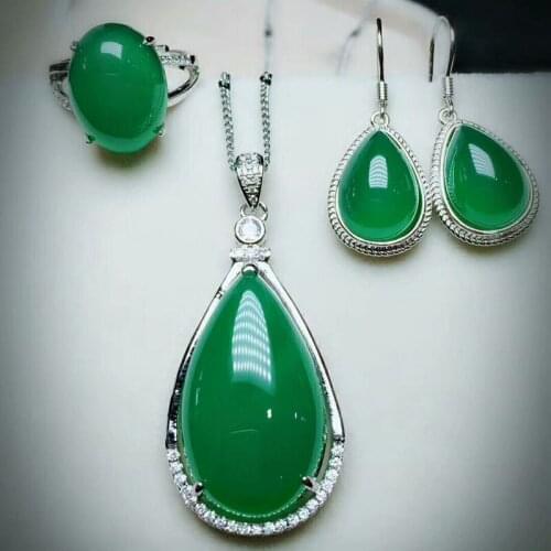Fine Jewelry 925 Mosaic Green Chalcedony Ring Earrings and Necklace Three - Piece Prom or Send A Friend