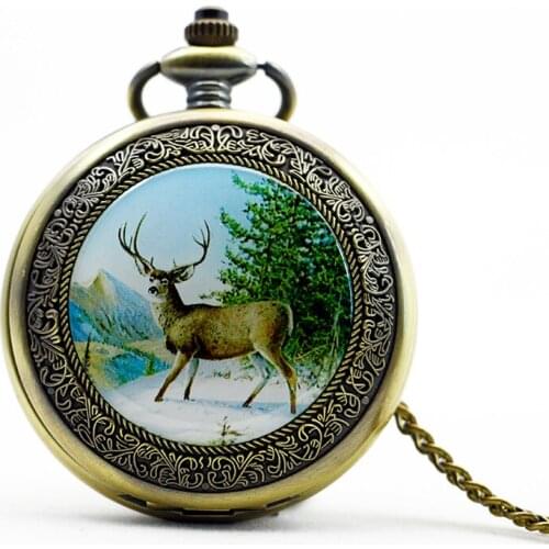 Classical Deer Moose Retro Skeleton Mechanical Pocket Watch Roman Number Fob Chain Pendant Watches Gifts