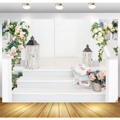 Laeacco Spring Flowers Lantern Gray Staircase Party Living Room Portrait Photo Backgrounds Photography Backdrops Photo Studio