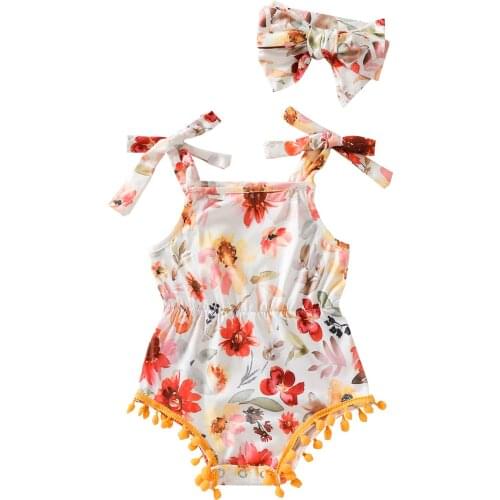 2 Pcs Newborn Summer Outfits, Baby Girl Sleeveless Tie Up Flower Print Boat Neck Romper with Pompoms + Headband