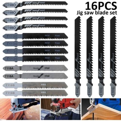 16Pcs T Shank Blades Jigsaw Blade Set Clean Fast Cut Down Cut Blades Wood Metal Cutting Power Tool HCS / HSS With Plastic Box