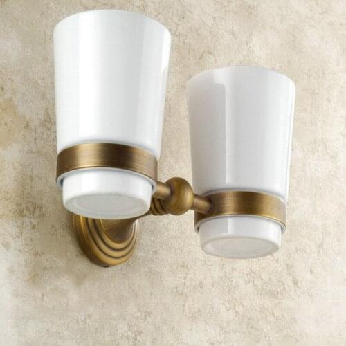 Cup & Tumbler Holders Antique Brass Wall Mounted Bathroom Accessories Double Tumbler Holders Toothbrush Cup Holder KD652