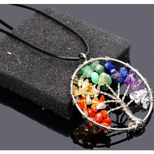 Natural stone tree of life colorful natural Shi Pi rope rich tree necklace natural gravel color pendant necklace