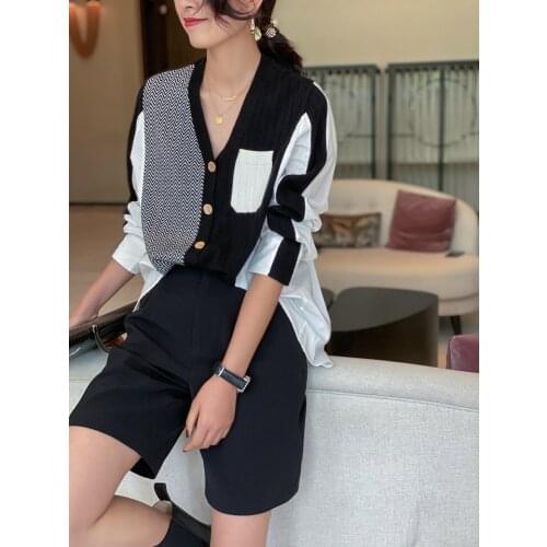 2020 autumn new irregular shirt womens stitching sweater cardigan jacket Korean knit top trend Sweater shirts 1112