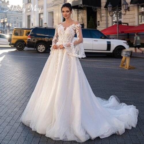 Adoly Mey Elegant O-neck Buttons Bride A-Line Wedding Dress Gorgeous Sparkly Tulle Appliques Flare Sleeve Princess Bridal Gown