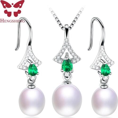Real Natural Pearl Jewelry Set Women,Beautiful Green Zircon Set,High Luster Pearl,White/Pink/Purple/Black Drop Pendant&earrings
