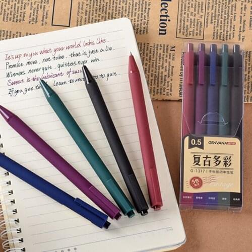 GENVANA Hand Account Press Style Gel Pen Neutral Pens Retro/Vintage 5 Colors Bullet 0.5mm Signing Pen School Stationary G-1317