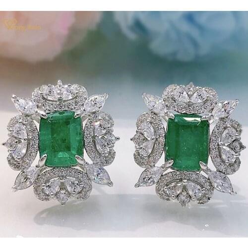 Wong Rain Vintage 925 Sterling Silver 7*9 MM Emerald Created Moissanite Gemstone Party Ear Stud Earrings Fine Jewelry Wholesale