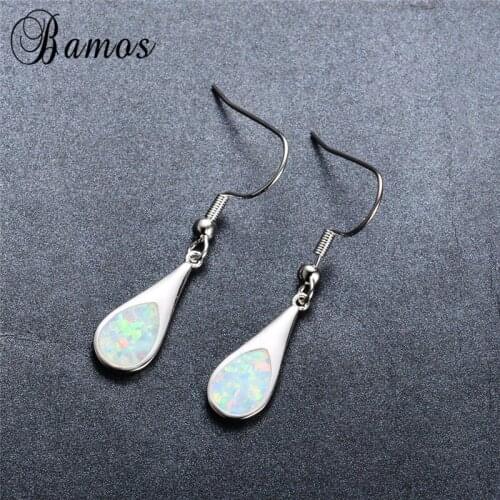Bamos Stylish Silver Color Female Wedding Jewelry Elegant Water Drop White Fire Opal Drop Earrings For Women Gifts