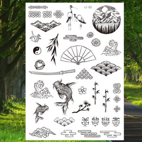 Hills Fish Fan Crane Temporary Tattoos Stickers for Men Women Chinese Style Tatoo Waterproof Fake Tattoo Summer Body Art Tatoo