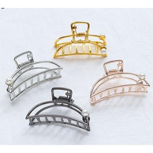 Women Girls Geometric Pearl Hair Claw Clamps Hair Crab Moon Shape Hair Clip Claws Solid Color Accessories