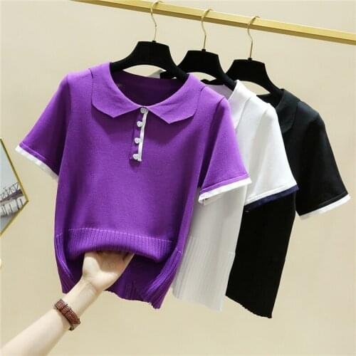 Button T Shirt Women Turn-down Collar Knitted 2021 Short Sleeve Summer Tops T-shirt Woman Korean Fashion Clothes Tee Shirt Femme