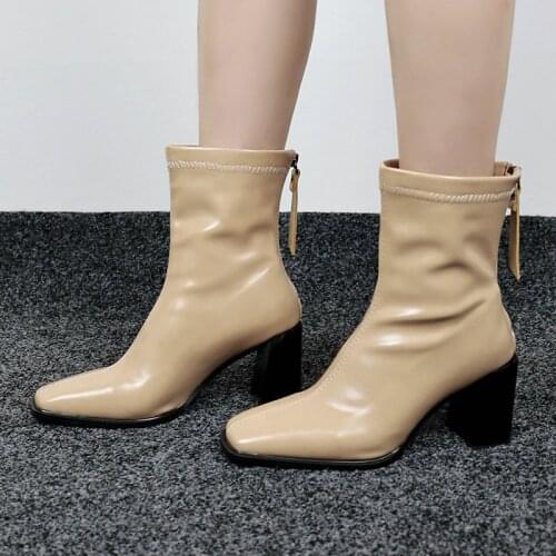 Black Beige Brown Ladies New Short Boots Fashion Square Toe Thick Heel Autumn Winter Womens Shoes Female Zipper Plus Size Boots