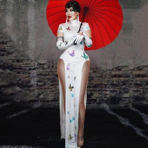 Women Dance DJ Costumes White Butterfly Long Siamese Split Dress Cheongsam Rave Clothes Stage Adult Performance Costumes DQS4757