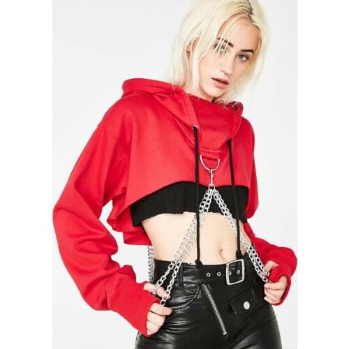 Women Fashion Hooded Long Sleeve Plaid Solid Gothic Punk Hoodie Sweatshirt Jumper Bandage Crop Top Casual Pullover Tops