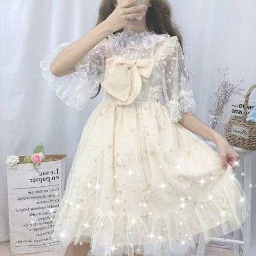 2021 New Dress Sweet For Women Lolita Japan Style Gauze Lace Skirt Bow Cute JSK Kawaii Clothing Aesthetic Gothic Girls