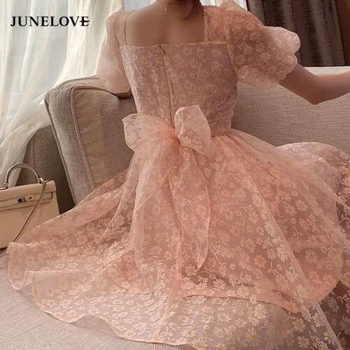 JuneLove Sumemr Chic Elegant Vintate Floral Fariy Dress Women Short Sleeve Midi Dress Female Party Beach Korea Holiday Dress