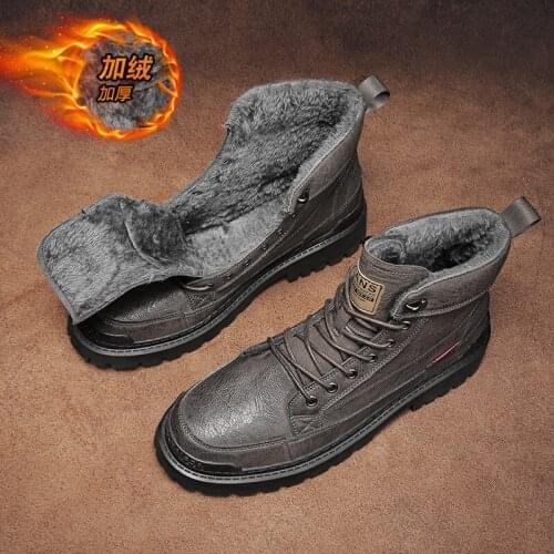 Winter casual plush leather shoes casual boots new versatile British style high top warm fall grain leather artificial wool warm