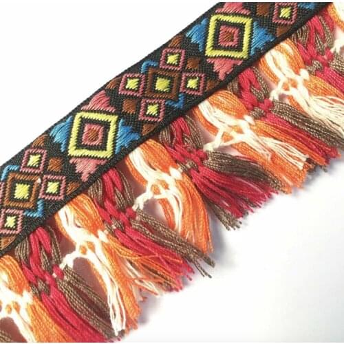 2yards embroidery ethnic jacquard webbing woven tape cluny lace tassel fringe trim ribbon 5cm tribal boho DIY denim african deco