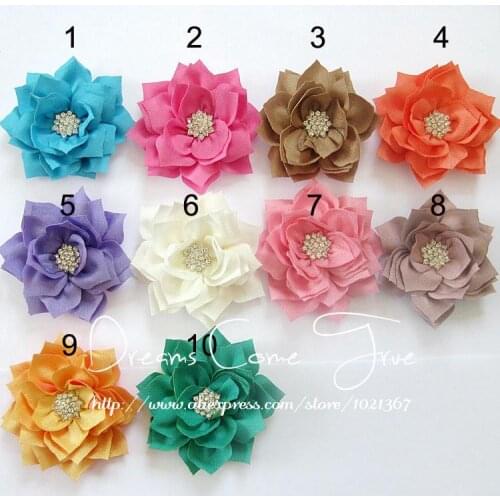 200pcs/lot)3" 10 Colors Sharp Corner Flowers With Starburst Button Center Hair Accessories Fabric Lotus Leaf Flower For Girls