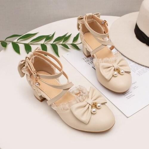 2020 Spring New Fairy Shoes Pearls Chunky-Heel Shoes Show S Large tong dan xie Bow Sweet Students loli lolita shoes