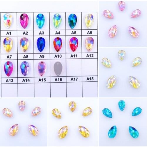 AB colors slim water drop shape glass crystal flat back two holes 5 sizes crystals for sewing on garment shoes wedding dress diy