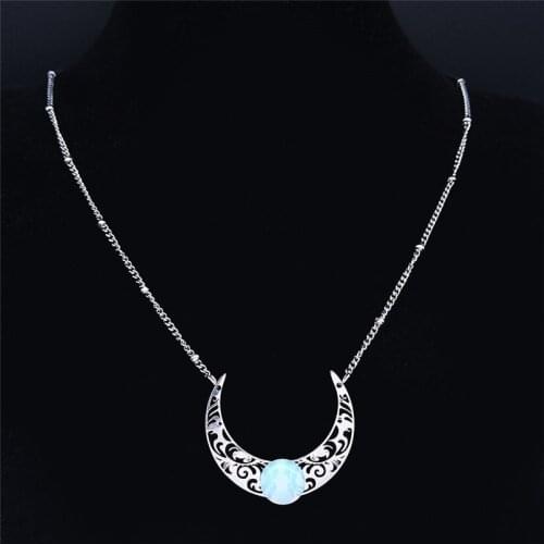 2021 Moon Moonstone Stainless Steel Chain Necklace Women Silver Color Pendants Necklaces Boho Jewelry bijoux femme N1129S04