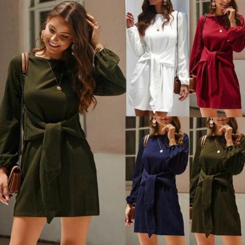 Womens Long Sleeve Knitted A-line Midi Dress High Waist Bowtie Bandage Lace Up Female Dresses 2021 Spring O-Neck Clothes