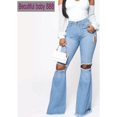 Meqeiss Womens Sexy Hole Button Zipper Pocket Jeans Casual Denim Flares Wide Leg Slim Pants 2020 New Blue Ladies Jeans
