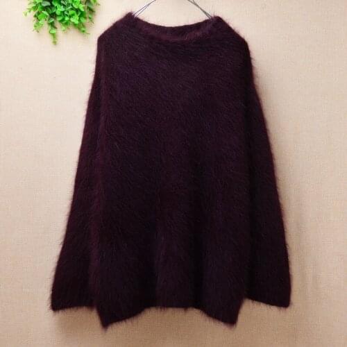 Elegant fashion ladies women hairy wine mink cashmere knittde o-neck long sleeves loose pullover angora rabbit fur winter jumper