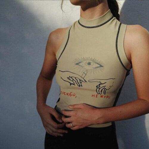 High Quality Graphic Tees Summer Sleeveless Slim Tshirt Cropctop Female Mujer Harajuku Street Elastic Short Top Clubwear