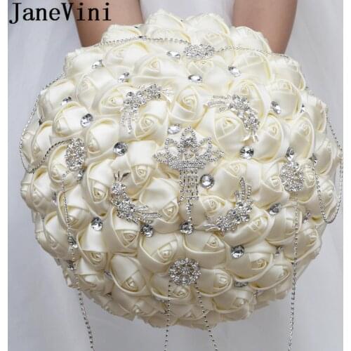 JaneVini 30CM Luxury Rhinestone Bridal Bouquet Brooch Bouquet Ivory Handmade Crystal Wedding Boeket Bouquets Satin Rose wesele
