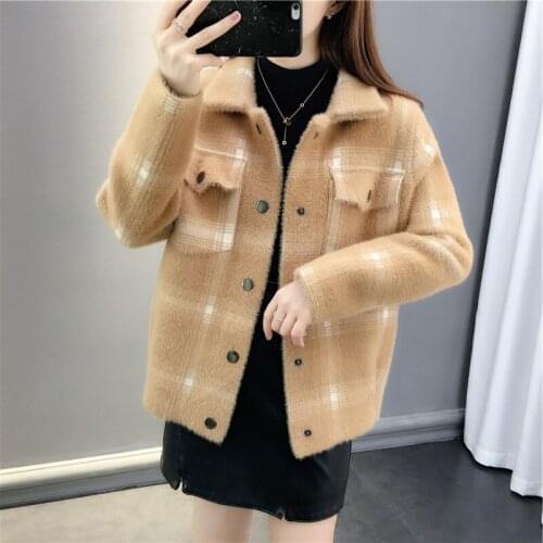Nice Autumn Winter Knitted Jacket for Women Korean Style Plaid Outwear Turn Down Collar Single Breasted with Pockets Casual Coat
