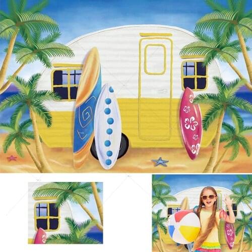 Summer Camping Beach BBQ Photography Backdrop Palm Tree Surfboard Sea Yellow Car Background Hawaiian Tropical Party Decoration