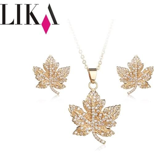 LIKA Fashion Leaves Jewelry Sets Personality Bridal Gold Color Necklace Earrings Wedding Crystal Sieraden ForWomen Jewellery Set