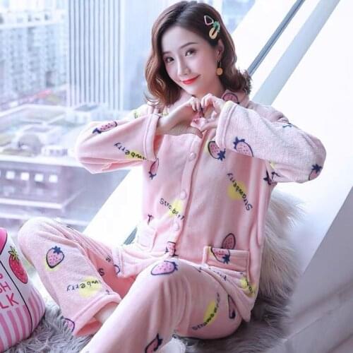 Pajamas Set Women Winter Coral Fleece Cute Autumn And Winter Thickening Korean Flannel Warm Cartoon Plus Size Home Service Suit