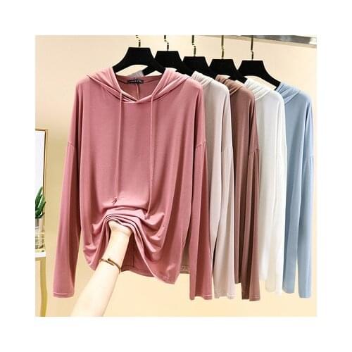 Modal Long-sleeved Pullover Womens Spring Summer Hooded Loose Outer Wear Bottoming Shirt Solid Color Sunscreen Thin Top