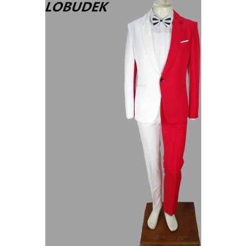 2019 Red White Stitching Mens Suits Magician Clown Performance Stage Outfit Nightclub Male Singer Host Costume Wedding Clothing