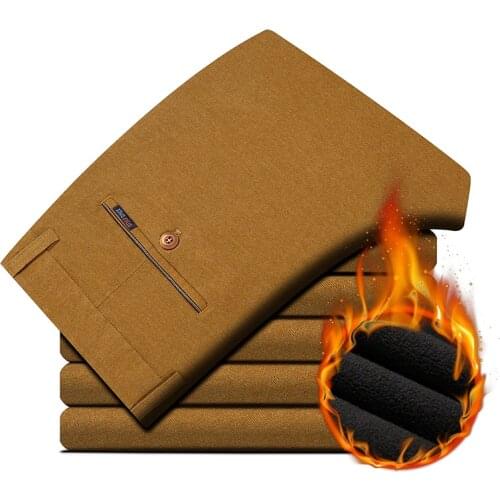 Male Baggy Track Work Thick Pants Fleece Warm Pants Men 2021 Winter Long Stretch Straight Leisure Suit Trousers Business Casual