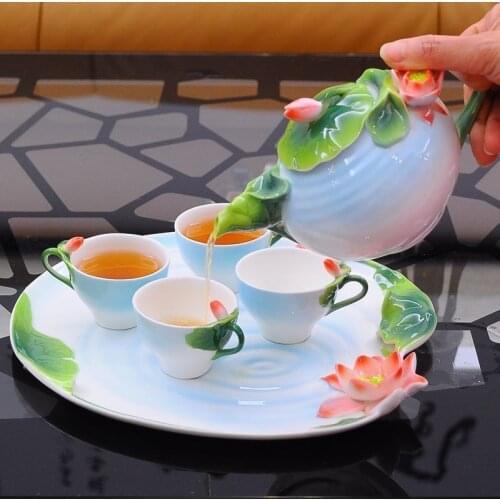 New fashion enamel Bone China Lotus 6 tea set set Chinese elegant creative ceramic mug Mug wholesale