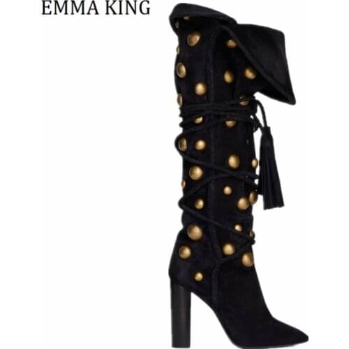 New Fashion Women Golden Rivets Knee High Boots Pointed Toe Chunk Heel Lace-up Black Suede Boots Fringed Lace Up Long Boots 2020