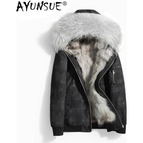 AYUNSUE Parka Real Fur Coat Men Winter Jacket for Men Hooded Natural Raccoon Fur Liner Short Winter Jackets Mens Parkas 19987