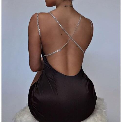 Diamond Sexy Women Dress Strap Backless Party Bodycon Short Dresses Sparkle Summer Night Club Wear Black Satin Dress wholesale